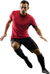 Young sportive man, professional football player in motion during game, training, running isolated over transparent background. Concept of sport, competition, action and motion, lifestyle