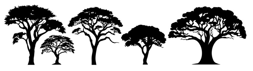 Africa Safari savanna trees Set Collection Icons for logo - Black silhouette of tree symbols, isolated on white background (Generative Ai) - obrazy, fototapety, plakaty