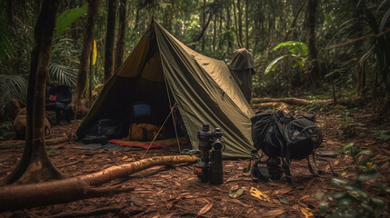 camping in the Amazon jungle. Generative AI	