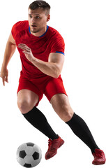 Young man in red uniform, professional football player in motion training, dribbling ball isolated...