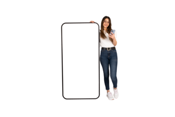 Using mobile phone while leaning big smartphone mockup. Full body length caucasian young woman standing near huge phone. New application, website advertising banner concept idea image. Copy space.