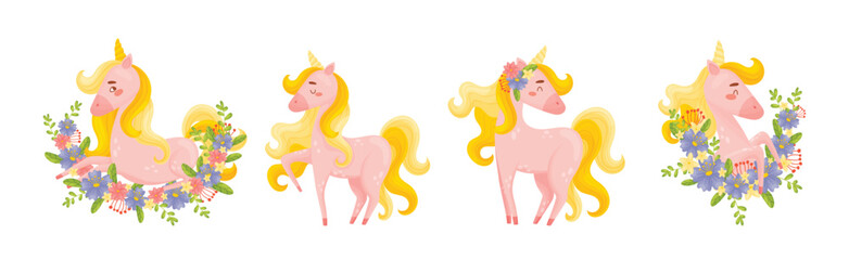 Pink Unicorn with Slender Legs and Golden Mane Vector Set