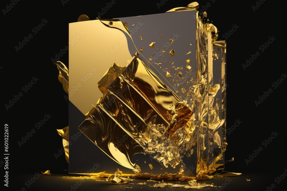 Poster golden cube with splashes on black background