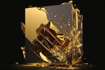 Golden cube with splashes on black background