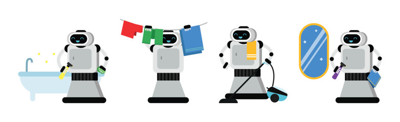 Domestic Robot for Automation Household Help Housekeeping Vector Set