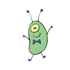 Vector cute green funny alien, cartoon beetle in doodle flat style. Design element, clip art on theme of UFO, space, insects. Hand drawn illustration.