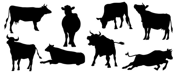 set of cow silhouettes on isolated background