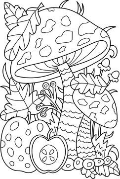 Mushrom and fruits coloring page