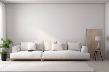 Fototapeta premium interior cosy stylish home concrete wall apartment space pillow lamp living carpet. Generative AI.