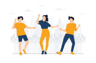 Happy people dance to music while listening to it with headphones and earphones. Set of diverse modern man and woman dancing from joy and fun concept illustration