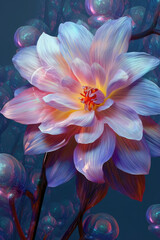 Obraz na płótnie Canvas Futuristic plant flower made of metallic material in fluoroscent neon colors. Generated AI.