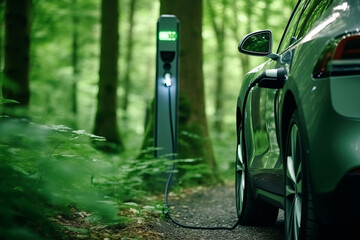 Close up of an electric car being charged in a green forest. Generative ai