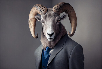 Portrait of a Ram dressed in a business suit in a studio photo. Generative AI. 