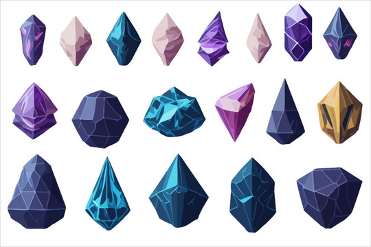 Gem Cartoon Set jewelry 3d stone for game achievement and currency, icon of colored shiny crystal.