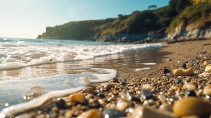 Close up of a sunlit beach with sea