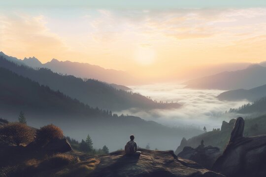 A hiker sitting on the top of a mountain and looking down into the valley at sunrise. Generative AI