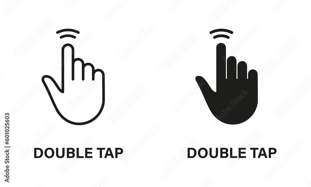 Poster double tap gesture, hand cursor of computer mouse line and silhouette black icon set. pointer finger