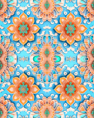 Watercolor arabesque Style of pattern intricate mandalas. Pattern repetitive seamless of mandalas and beautiful flowers in blue background. Generative ai