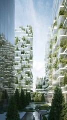Futuristic architecture with green vegetation. Ecology, urban jungle. Sustainable energy of the future. Generative Ai
