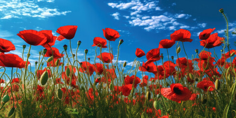 Plakat Amazing poppy field landscape against blue sky. Generative AI