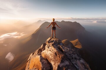 A woman standing tall and confident on top of a mountain peak. Generative AI