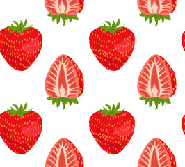 Vector seamless pattern of a whole strawberry cut in half. Bright summer pattern. Suitable for prints and backgrounds.