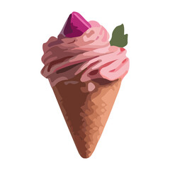 Realistic soft ice cream waffle cone. Soft serve ice cream, 3d vector american sundae swirl in wafer cone or machine vanilla ice cream.