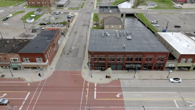 Albion, Michigan downtown with drone video moving sideways.