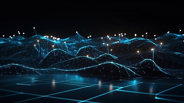 Abstrakt verbundene Punkte und Linien. Bewegung des digitalen Datenflusses. Kommunikations- und Technologie und Netzwerke Konzept mit sich bewegenden Linien und Punkten. 3D-Rendering, generative AI