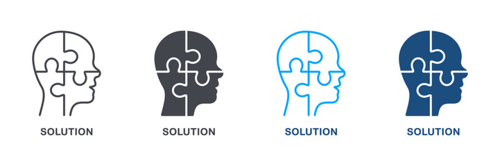 Puzzle in Human Head, Solution Silhouette and Line Icon Set. Creation Idea, Person Brain and Jigsaw Pictogram. Brainstorm, Intellectual Process Symbol Collection. Isolated Vector Illustration
