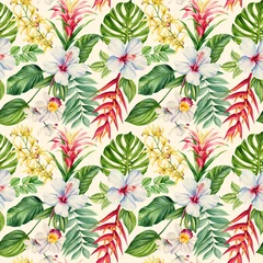 Schilderijen op glas Exotic jungle wallpaper. Tropical palm leaf, paradise flower, Watercolor Floral seamless pattern, Summer print.  © Hanna