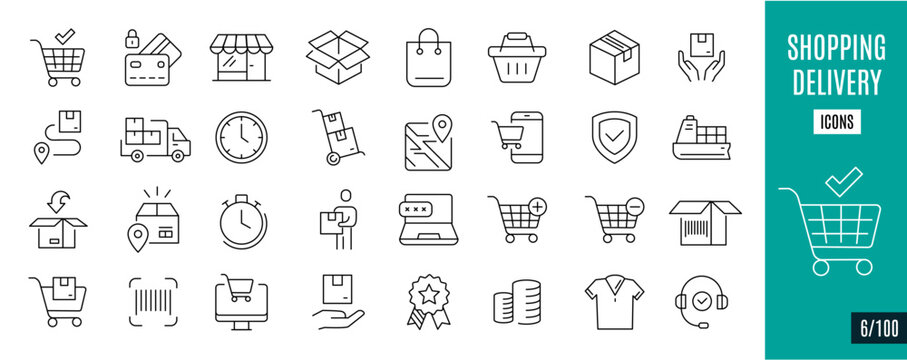 Best collection shopping and delivery line icons. Shop, Store, Buy, ... 6/100