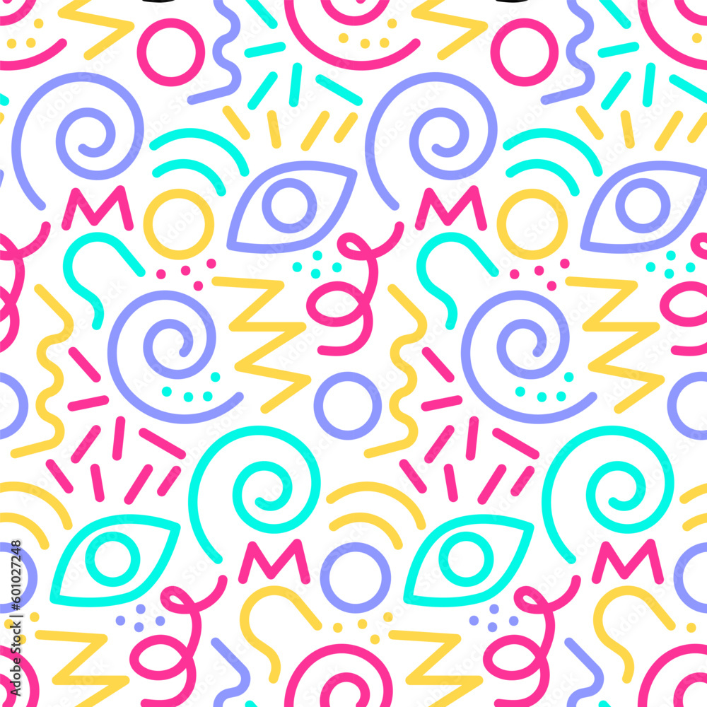 Aufkleber groovy vivid colors line doodle seamless pattern in trendy 90s style. creative simple art background