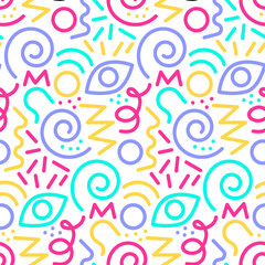Groovy vivid colors line doodle seamless pattern in trendy 90s style. Creative simple art background for children or trendy design with geometric basic shapes. Vector childish scribble backdrop.