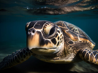 Turtle swims in water closeup illustration for World Turtle Day. Ocean animal underwater. Generative AI