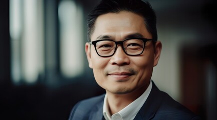 Fototapeta premium A fictional person. Cheerful Chinese businessman in a modern office