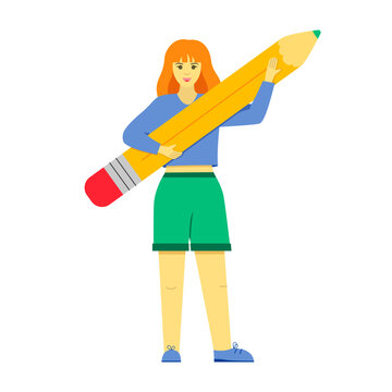 Happy woman holds large pencil. Concept of education, copywriting, creativity, achievement, blogging. Cute funny isolated character. Young student stands with pen. Vector flat illustration
