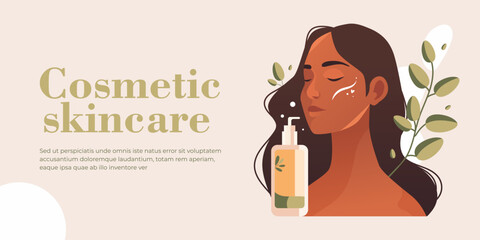Beautiful young dark skin woman applying natural eco cosmetic product on face. Woman and green plant. Skin care banner. Skincare routine, mask . Vector illustration. Cleansing and moisturizing.