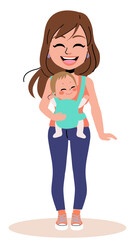 Vector illustration of beautiful woman with newborn in baby wearing system. Maternity love concept