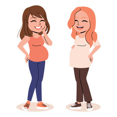 Vector illustration of two happy pregnant women friends talking about their pregnancy. Active well fitted expecting female characters