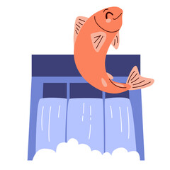 Vector illustration of happy jumping salmon near water dam power station. Ecology concept