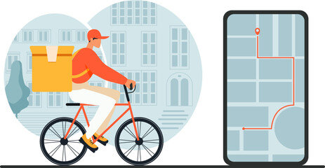 Delivery service of takeaway food concept. Mobile app for online order. Deliveryman on bicycle on city street. Flat vector cartoon illustration. Courier on scooter with thermal bag. Fastfood service