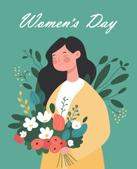 Postcard template for women's day.Beautiful woman with a flower bouquet of spring flowers, leaves. Happy Women's Day wish. Modern festive vector illustration for 8 March celebration.