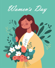 Postcard template for women's day.Beautiful woman with a flower bouquet of spring flowers, leaves. Happy Women's Day wish. Modern festive vector illustration for 8 March celebration.