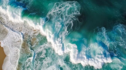 Fototapeta premium Aerial view to ocean waves. Blue water background. Generative AI