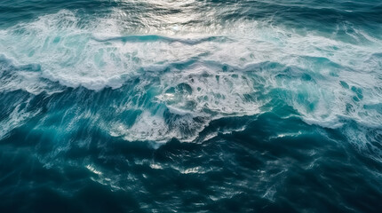 Aerial view to ocean waves. Blue water background. Generative AI