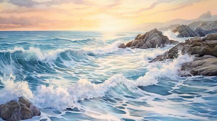 Aerial view to ocean waves. Blue water background. Generative AI