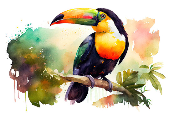 Colorful toucan bird sits on a branch. Watercolor illustration on a white background. Generative AI.