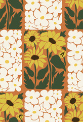 70s retro flowers - seamless pattern of groovy sunflowers daisies for fashion prints. Vector illustration.