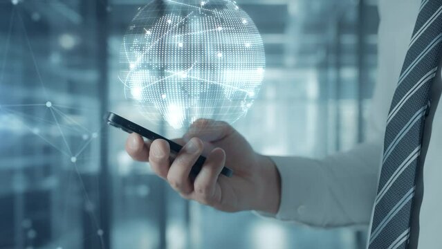 Businessman is using a mobile phone app. Digital data and worldwide global internet network connection. International business finance exchange and transportation concept. Blockchain p2p technology